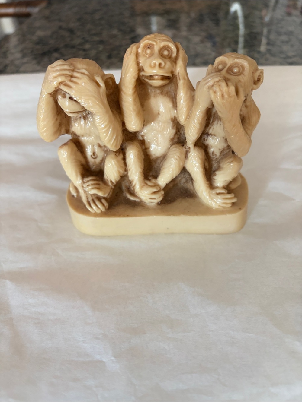 Three Wise Monkeys Resin Figurine. See no evil. Speak no evil. Hear no evil.